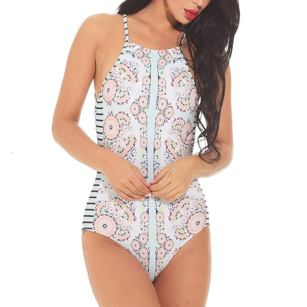 One piece swimsuit S halter neck Pastel green abstract